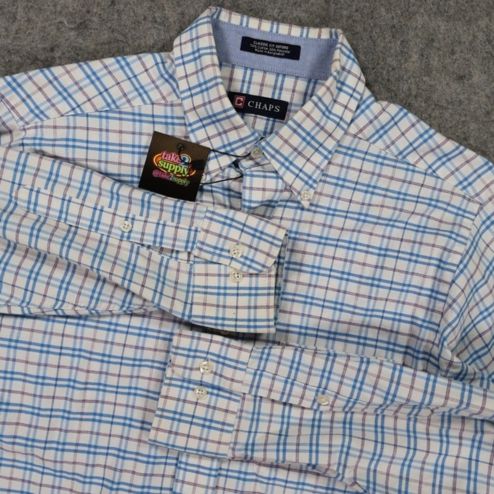 Chaps Button Down Shirt Mens M Blue Excellent Plaid Long Sleeve Classic Fit